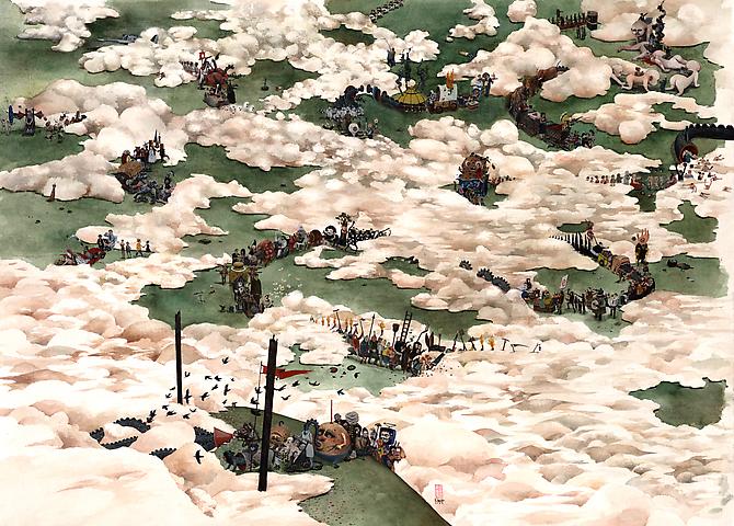 Rob Sato
Followers & Fog, 2009
Watercolor & gouache on Arches paper
20 x 37 inches