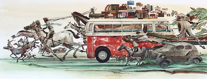 Rob Sato
Ghost Ride, 2011
Watercolor on Mohachi paper
35 x 84 inches