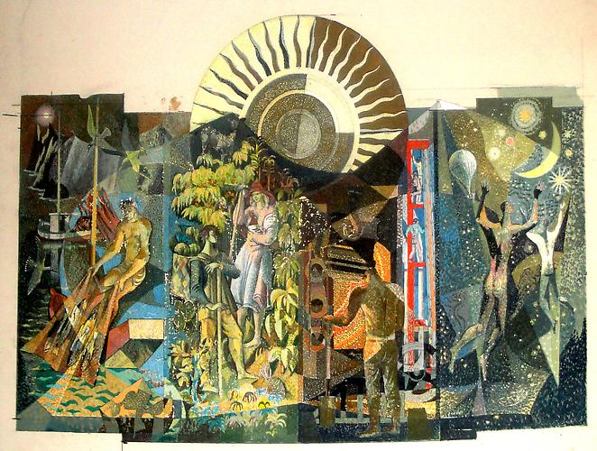 Millard Sheets
Design for the Mural at the Former Home Savings, Wilshire Blvd., Beverly Hills, c. 1955
Gouache and watercolor on board; Annotated and signed by the artist’s son, Tony Sheets, in ink on verso; 19 x 27 inches