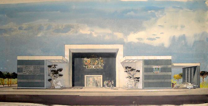 Millard Sheets
Design for the Facade Home Savings, 11234 Wilshire Blvd., Los Angeles, c. 1959
Gouache on board; Annotated and signed by the artist’s son, Tony Sheets in 2003, in ink on recto; 19 x 36.75 inches