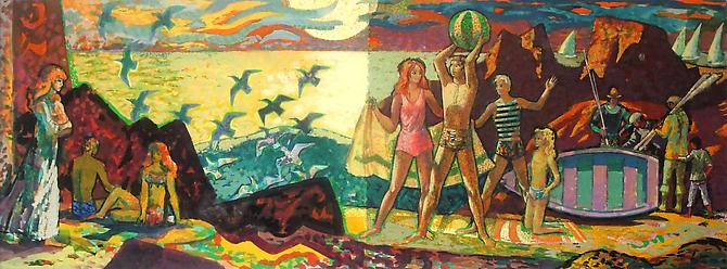 Millard Sheets
Design for the Mural at the Former Home Savings, 2600 Wilshire Blvd., Santa Monica, c. 1970; Gouache and watercolor on board
Annotated and signed by the artist’s son, Tony Sheets on verso; 12.5 x 34 inches