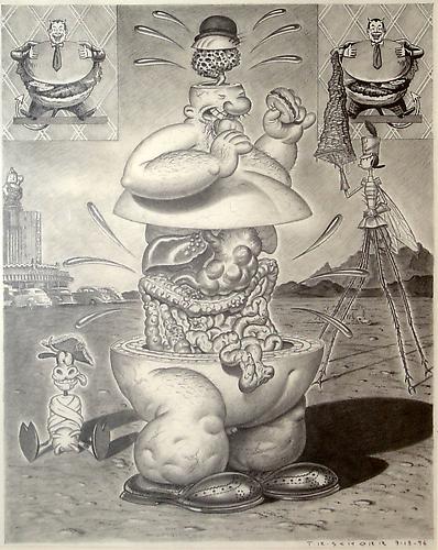 Todd Schorr
Untitled, 1996
Graphite on paper; Signed and dated in pencil on recto
Study for the painting “Hamburger Deluxe”; 14.5 x 11.5 inches
