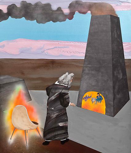 Siegfried, Roy & Montecore in the Fiery Furnace of Cotton Mather, 2011
acrylic and enamel on panel
35 x 42 inches