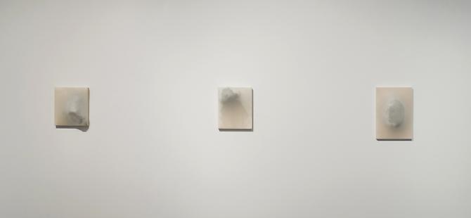  Stretching Drawings , 2012, installation view, rock, wood, Abaca paper, right to left: 7 x 6.5 x 4.5 inches, 8 x 6.5 x 4, and 10 x 7 x 3 inches