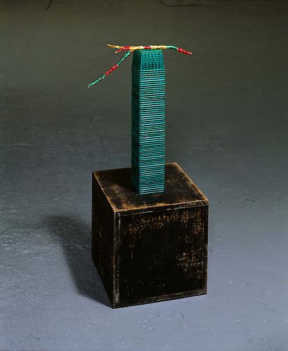 Tony Feher
(Jade) 2008 
35 1/2 x 13 1/2 x 13 1/2 inches
painted wooden cube, plastic berry baskets, stick, foil wrappers