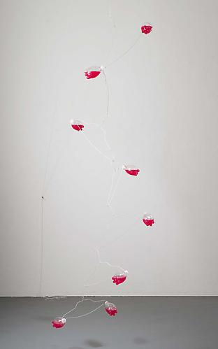 Tony Feher
(Pinks) 2007 
85 x 26 x 26 inches  
wire hangers, plastic beverage bottles with screw caps, ink, water, twine