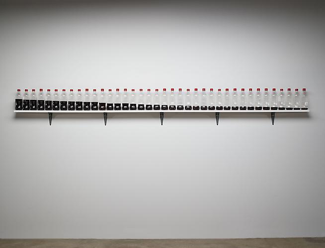 Tony Feher
(Miraculum) 2008 
14 3/4 x 120 x 3 1/2 inches
plastic beverage bottles, Coca Cola, painted wood shelf and painted metal brackets
