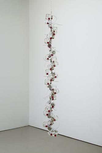 Tony Feher
Untitled, 2010
glass jars with metal screw caps, glass marbles. stainless steel wire, "S" hook and twine
diameter: 55 x 8 inches