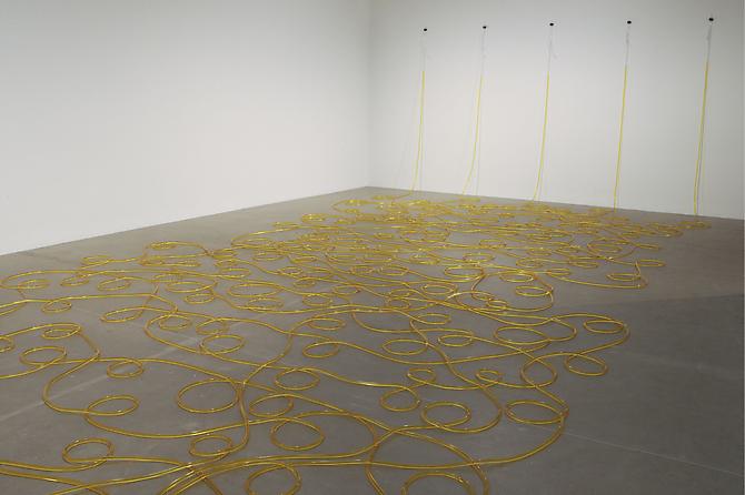 Tony Feher
Untitled, 2011
200 ft. clear vinyl tubing, distilled water, 130 drops/gallon yellow food coloring, and binder clips, five elements each