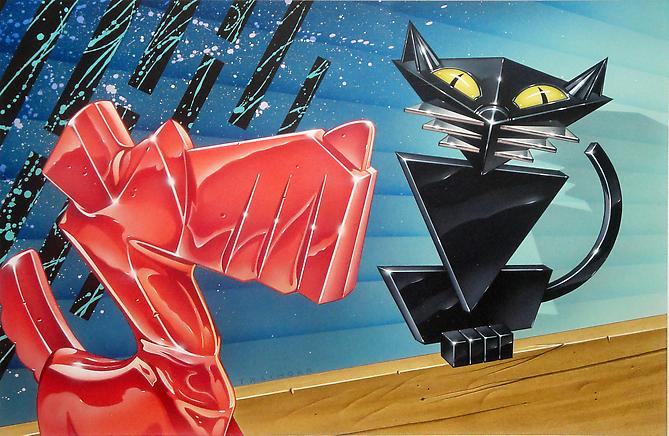 Todd Schorr
Dog & Cat, 1982
Acrylic airbrush on board
Greeting card illustration
12 x 17 inches