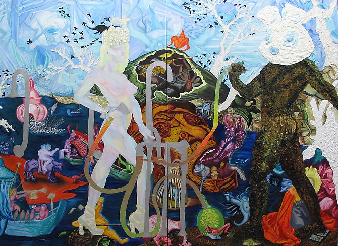 Min Hyung
 Temptation of Venus , 2011
oil, wrapping paper on canvas on board
106 x 80 inches