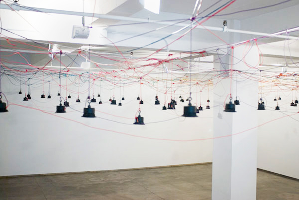  Terrain , 2007-8, installation view, Josée Bienvenu Gallery, speakers, wire, electronics, computer software, 12-channel recorded and composed sound track, coverage dimensions variable between 900 and 1500 square feet