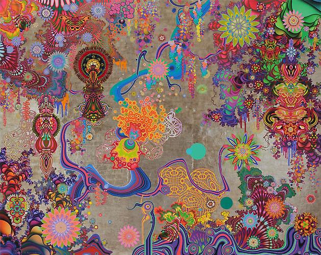 The Progress of Inspiration, 2008
Mica, enamel, gouache, feathers, porcupine quills, sequins
72 x 90 inches