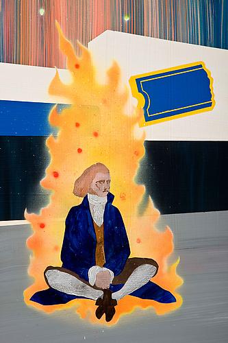 Thomas Jefferson Sets Himself on Fire in the Parking Lot of the Blockbuster Video Near The Creation Museum (detail), 2010
acrylic and spray paint