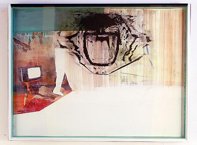  Tiger Talk-TV , 2011
Magazine transfer, oil on board in custom frame with silkscreen
19 x 25 inches