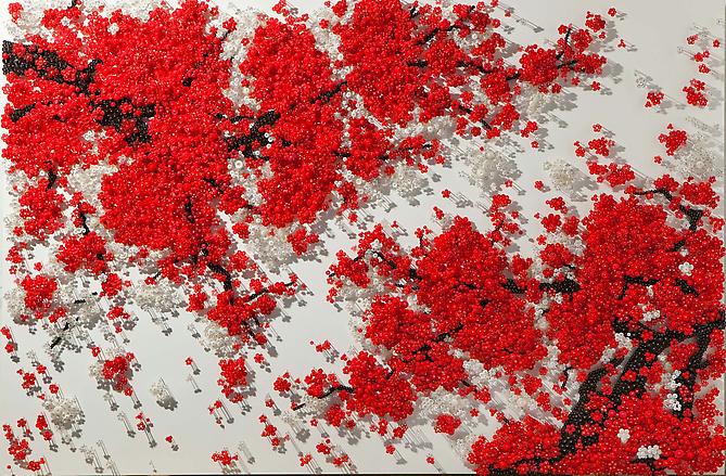 Two Love Tree 2012
Buttons, beads, pins on wooden panel
47 x 70 in / 120 x 180 cm