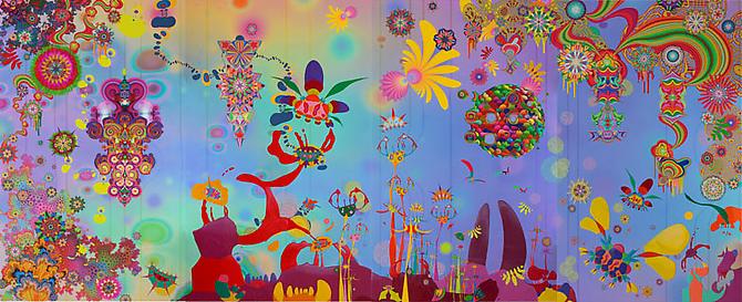 We Came from the Stars, 2011
Acrylic, enamel, ink, colored pencil, organdy, feathers and mixed media on archival Epson ultrachrome print
72 x 184 inches