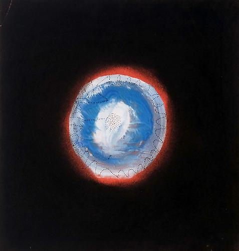 Yayoi Kusama
Snow Ball in Sunset (Snow Ball in Sansunset), 1953
pastel and tempera with black ink on red paper
10 1/2 x 10 inches