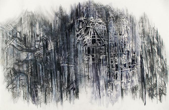 Diana Al-Hadid
Untitled, 2008
Xerox transfer, charcoal, watercolor and conte on mylar
26 1/16 x 40 inches