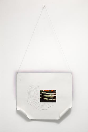 JOHN ESPINOSA
The Felon Wind, 2010
White acrylic paint, copper enamel, iron, graphite and laser print on shaped aluminum
24 x 20 inches (52 inches from bottom of aluminum panel to the hangnail)