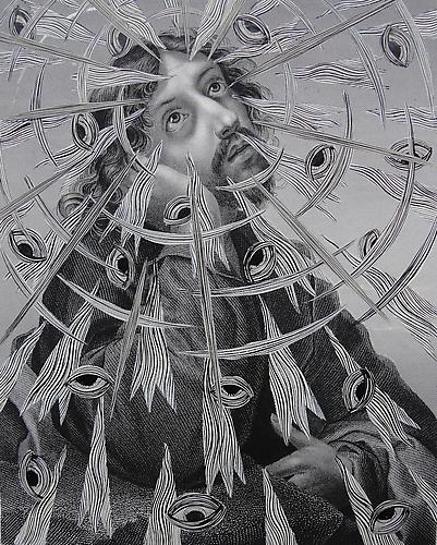 Andrew Schoultz, All Seeing Savior (1820- 2011)
Acrylic On Antique Copper Plate Etching
16h x 12w in (40.64h x 30.48w cm)