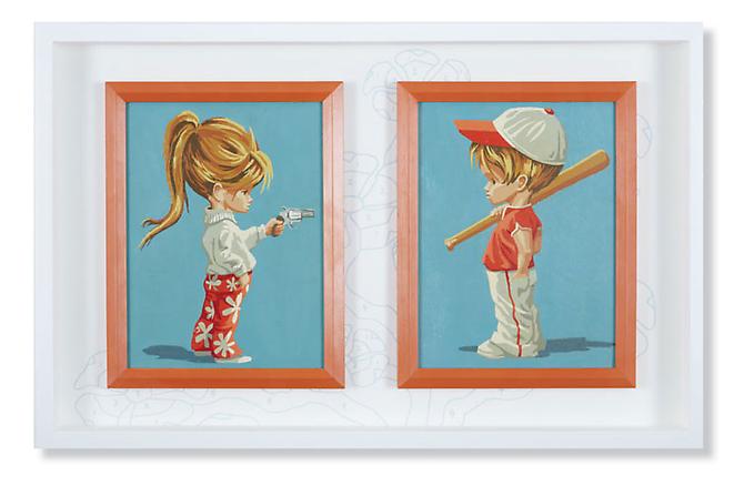 Hey You! (Let's Play), 2011.
Acrylic on vintage paint-by-number panels with hand silk screened wallpaper, 18 x 28 inches.