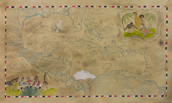 Map of The West Indies, Nueva Espana (New Spain), Nueva Granada (New Granada), And The Northern Territories. 
Or, The Vegetable Garden and Jungle Gym of Old Europe. 1782-1797
 (2012)
Acrylic, Ink, Coffee, Tea On Paper
44.5h x 70w in (113.03h x 177.8w cm)