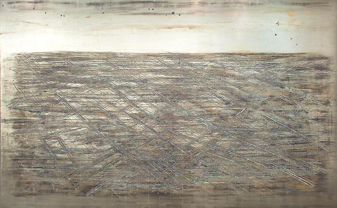 Nancy Lorenz, White Gold Sea and Sky (2013)
White Gold, Mother Of Pearl, Clay, Pigment On Panel
60h x 96w in (152.4h x 243.84w cm)