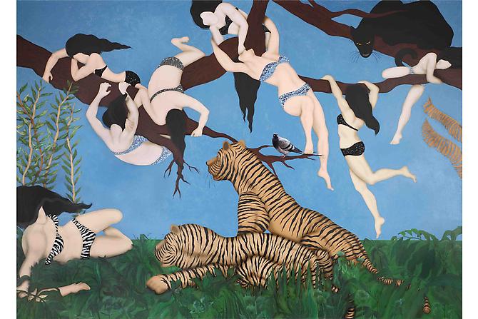 Kezban Batibeki
Tiger...Tiger1 2011
Acrylic, embroidery and old carpet collage on canvas
98 x 138 / 250 x 350 cm