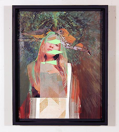  Birds on Tiger on Girl , 2011
Vintage magazine transfer, oil paint in custom frame
15 x 13 inches