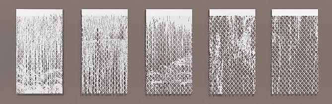 Falling Water, 2010
Cut paper, Chinese xuan (rice) paper on silk
27 x 50 inches (individually)