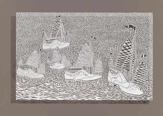 Wingtip Racing, 2012
Cut paper, Chinese xuan (rice) paper on silk
40.5 x 26 inches