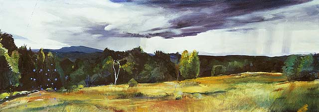 Bunny Harvey, 2001
 First Drops , oil on canvas
24" x 68"
