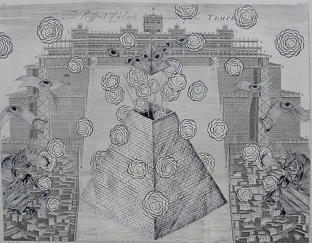 Andrew Schoultz, Revisiting the Prospect of the East (1698-2011)
Acrylic On Antique Copper Plate Etching
16h x 20w in (40.64h x 50.8w cm)