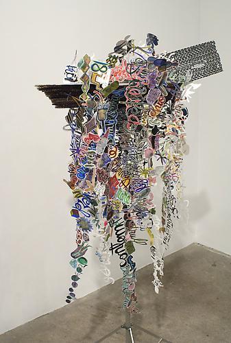 Mark Fox: Untitled (2009-2012)
Watercolor, Ink, Acrylic, Marker, Gouache, Graphite, Pencil, Color Pencil, Ballpoint Pen, Crayon On Paper, Cardboard, Archival Glue And Aluminum Light Stand
72h x 22w x 12d in (182.88h x 55.88w x 30.48d cm)