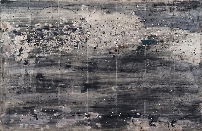 Nancy Lorenz, Night Sky I (2012)
Burnished Silver Leaf, Mother Of Pearl Inlay, Pigment On Panel
22h x 34w in (55.88h x 86.36w cm)