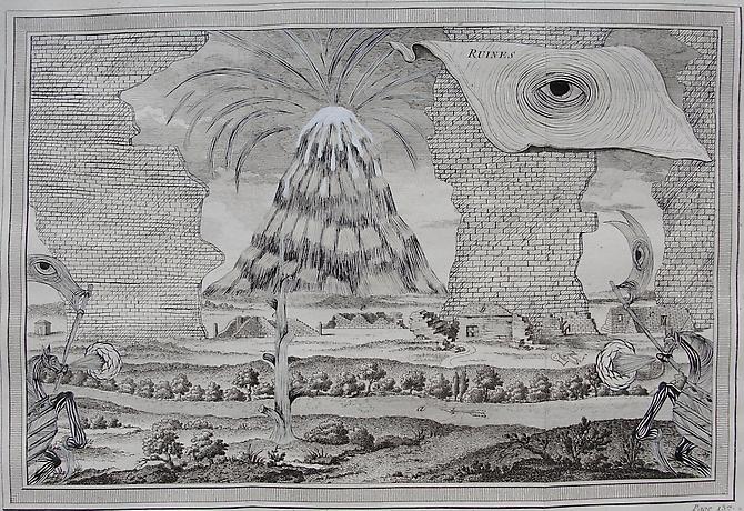 Andrew Schoultz, Ruines Humaines  (1742-2011)
Acrylic On Antique Copper Plate Etching
12h x 16w in (30.48h x 40.64w cm)