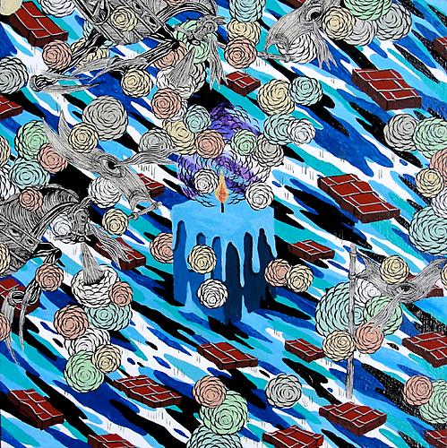 Andrew Schoultz, Melting Candle (Blue) (2010/2011)
Acrylic On Wood Panel
14h x 14w in (35.56h x 35.56w cm)