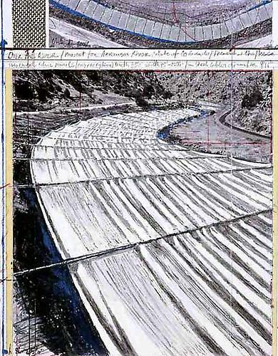 Christo and Jeanne-Claude (Photograph by Wolfgang Volz)
Over The River, Project for Arkansas River, State of Colorado, 2007
Pencil, enamel paint, wax crayon, aerial photograph with topographic elevations, fabric sample and tape
14 x 11 inches