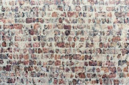 Travis Childers
Conflict (detail), 2011.
Images of faces from newspapers, all involving a story of a conflict, lifted off with masking tape on canvas, gel medium, 48 x 48 inches.