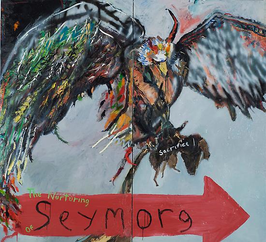 Darius Yektai
The Nurturing of Seymorg   2010
Oil, feathers and fun on linen
78 x 85 in