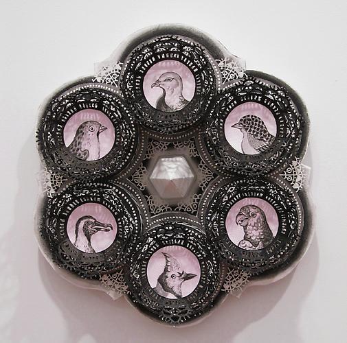 Maki Tamura: Crystal Birds (2010)
Watercolor And Glitter On Paper
12h x 12w x 3d in (30.48h x 30.48w x 7.62d cm)