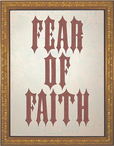 Fear of Faith (Protect Me From Your Flock), 2005.
Archival pigment, lamb's blood on raw canvas, 47 x 35 inches.