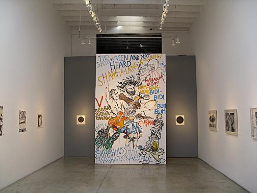Installation view of d5 gallery featuring mural by Raymond Pettibon
photo courtesy of robert berman gallery