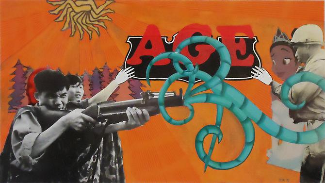 Justin Irvin
Fun Ammunition, 2010.
Mixed media collage, 5 3/4 x 10 1/4 inches.