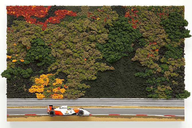 "MP 4/8 1993"
2010
Die cast metal, blended turf, clump foliage, acrylic on canvas on panel
26 x 40 x 7 inches