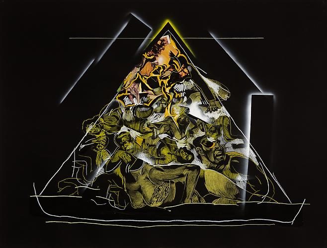 ADAM JANES
Pyramid Scheme Conspiracy Theory, 2010
Crayon, collage, acrylic on black paper
67 x 51 inches