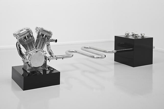Fear of Drowning
2010
Harley Davidson (AVO) motorcycle engine, stainless steel, polyester, medical glass cup, acrylic
38 x 29 x110 inches