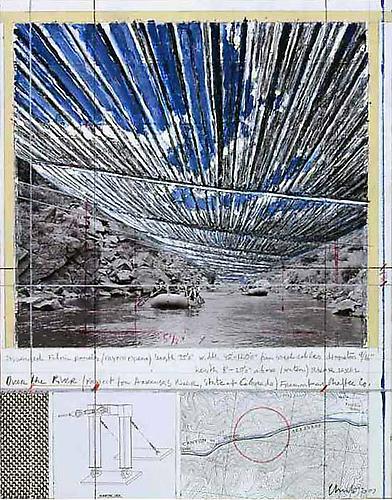 Christo and Jeanne-Claude (Photograph by Wolfgang Volz)
Over The River, Project for Arkansas River, State of Colorado, 2007
Pencil, enamel paint, wax crayon, technical data, topographic map, fabric sample and tape