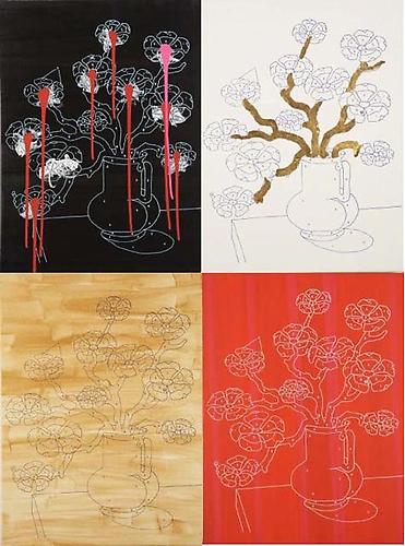II Reasons To Love Me, 2008.
Silkscreen and Mixed Media on Canvas, 4 Panels 18 x 24 inches each.